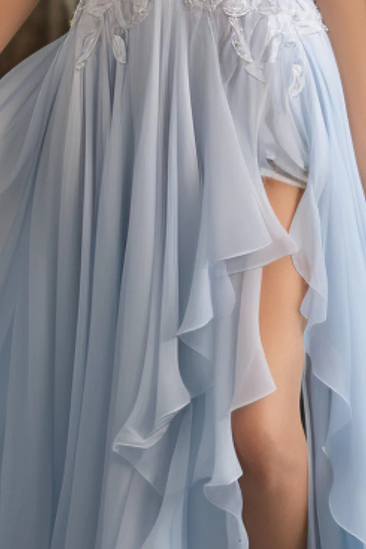 Cute light blue deep v off shoulder side slit ball gown