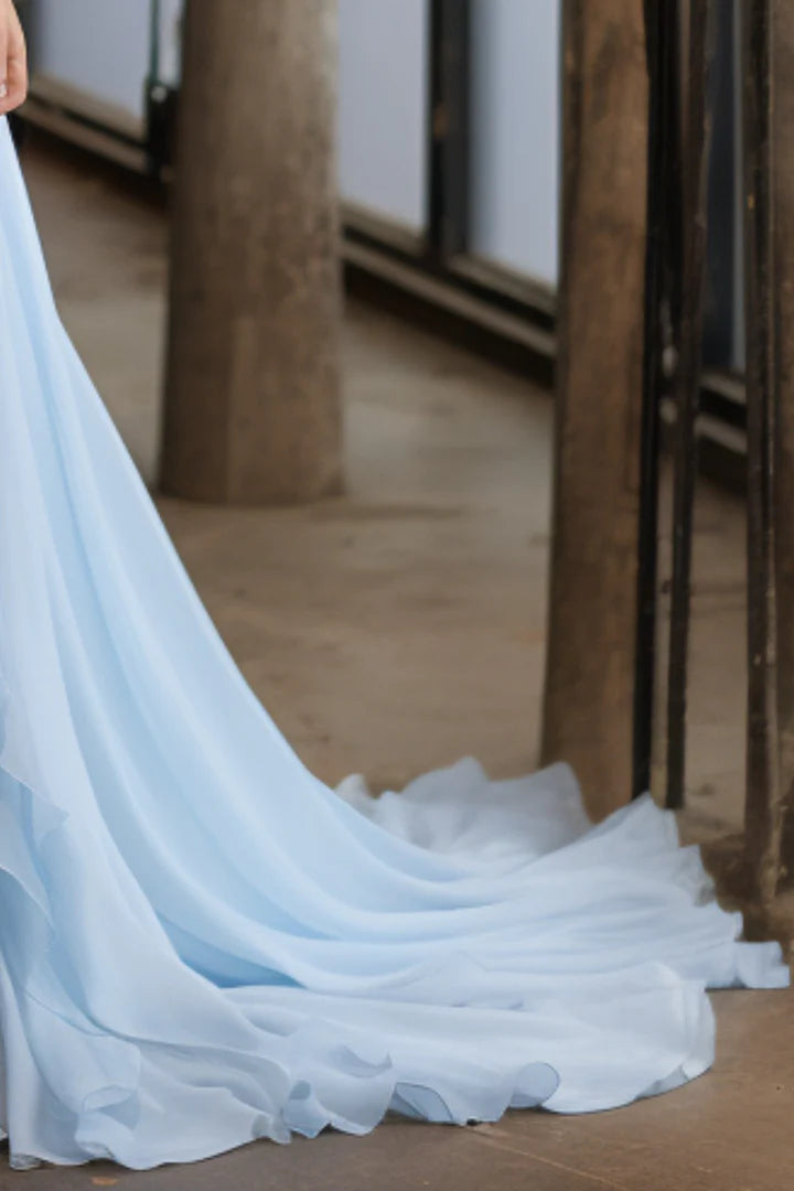 Cute light blue deep v off shoulder side slit ball gown