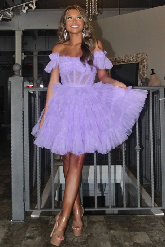 Cute Lilac A-Line Off The Shoulder Lace Up Short Tulle Homecoming Dress