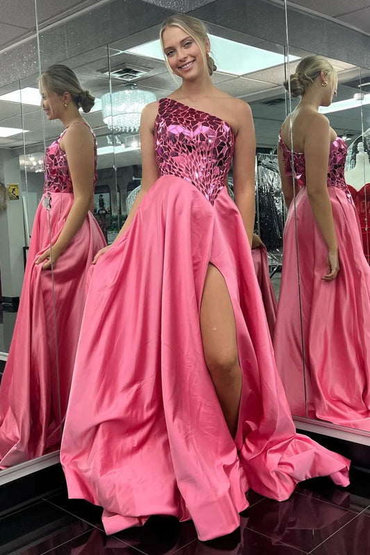 Cutting glass mirror single shoulder A-line long ball gown