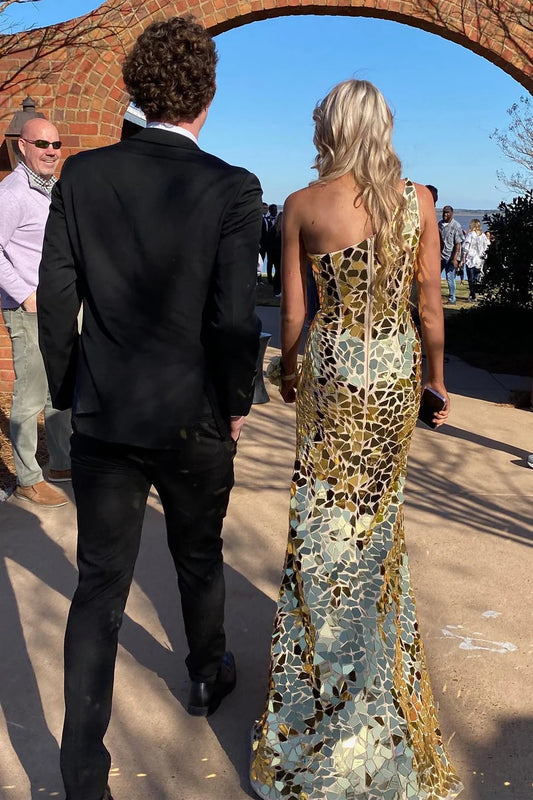 Cutting glass mirror single shoulder slit ball gown