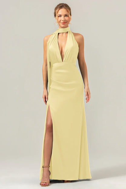 Deep V-neck backless long satin bridesmaid dress with tassels