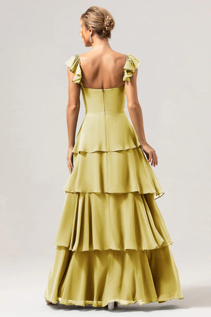 Eucalyptus A Line Off The Shoulder Tiered Long Bridesmaid Dress