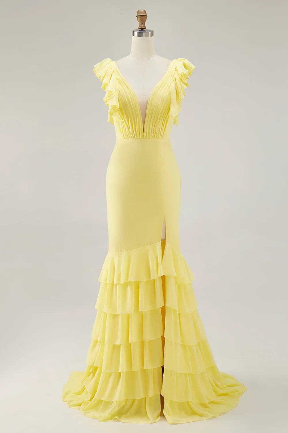 Daffodil Mermaid V Neck Ruffled Formal Dress With Slit