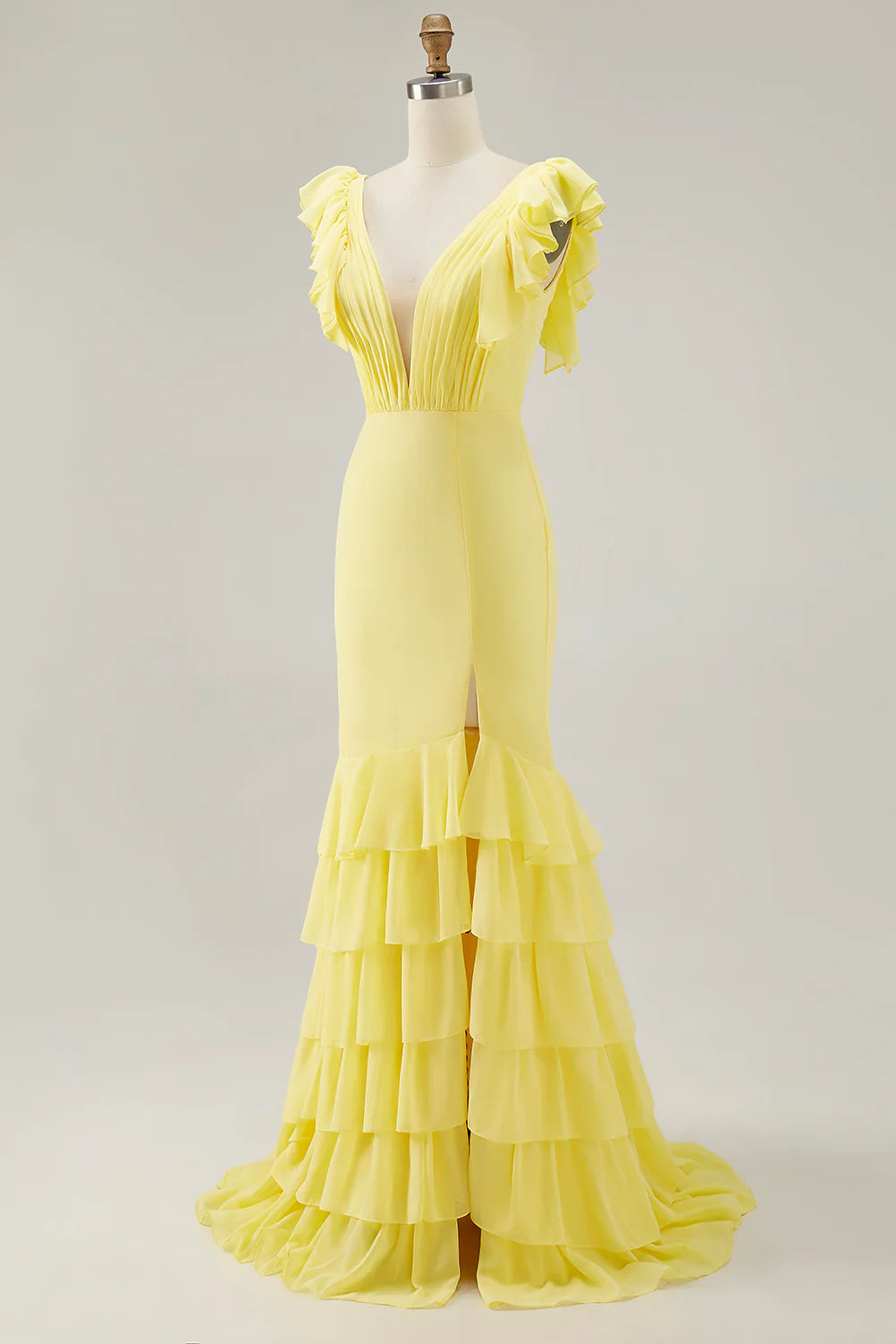 Daffodil Mermaid V Neck Ruffled Formal Dress With Slit