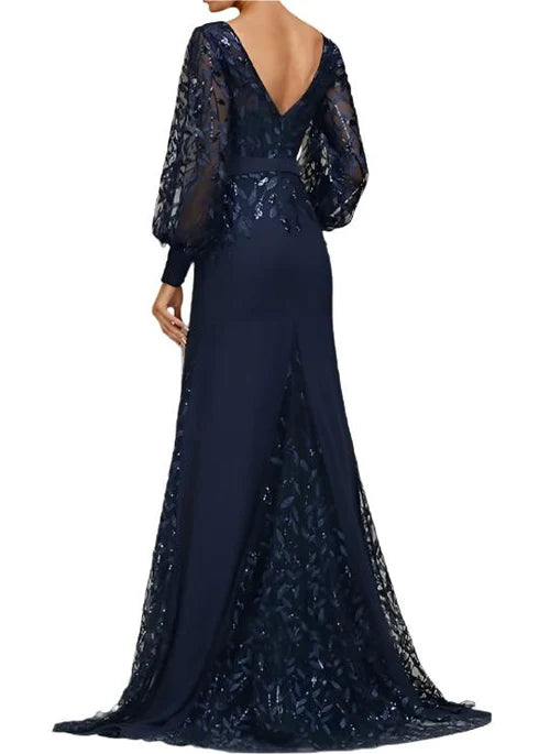 Dark Navy Mermaid Scoop Neck Long Sleeves Mother of The Bride Dresses
