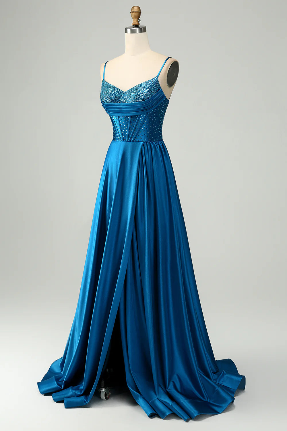 Dark Blue A-Line Spaghetti Straps Split Corset Prom Dress With Beading