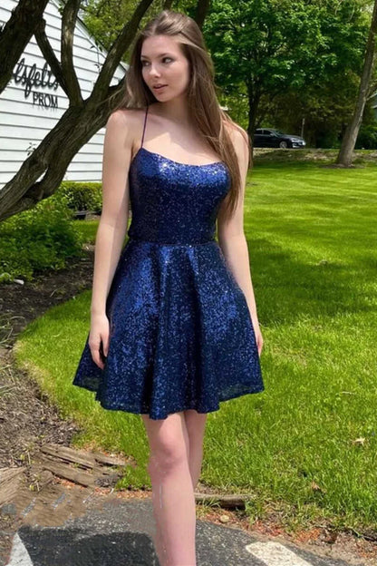 Dark Blue Sequins Spaghetti Straps A-Line Short Homecoming Dress