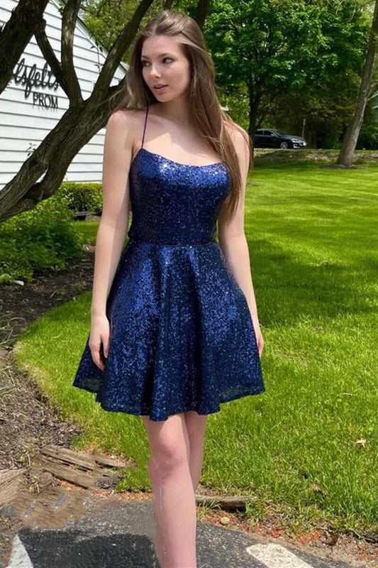 Dark Blue Sequins Spaghetti Straps A-Line Short Homecoming Dress