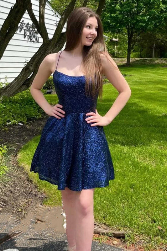 Dark Blue Sequins Spaghetti Straps A-Line Short Homecoming Dress