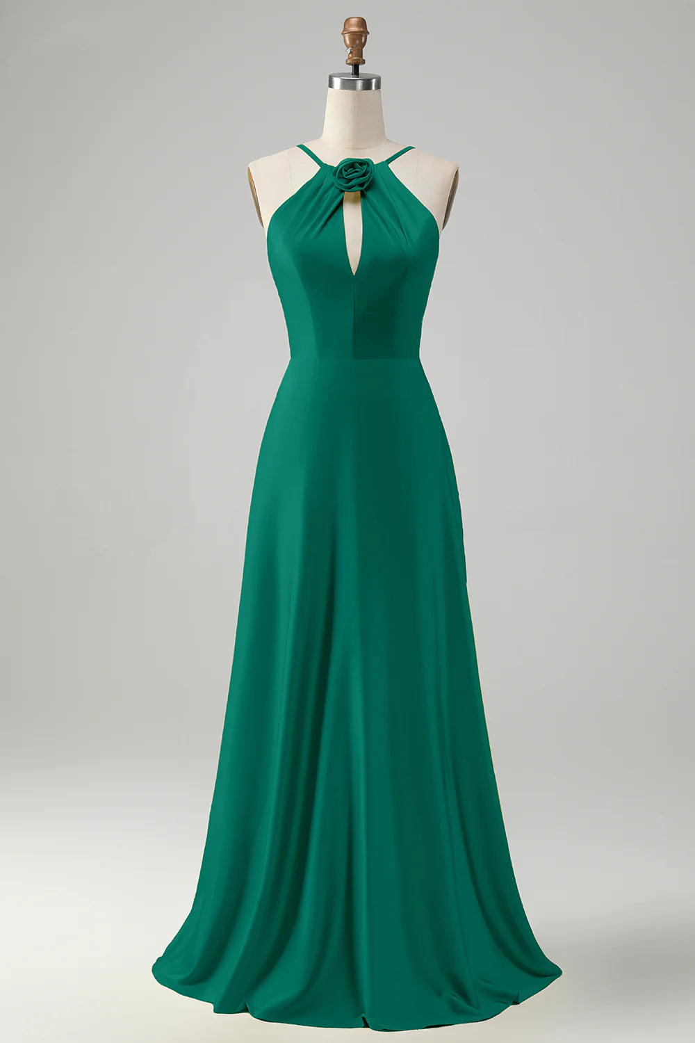 A-line hanging neck backless pleated long bridesmaid floral dress