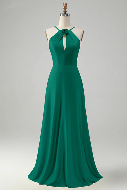 A-line hanging neck backless pleated long bridesmaid floral dress