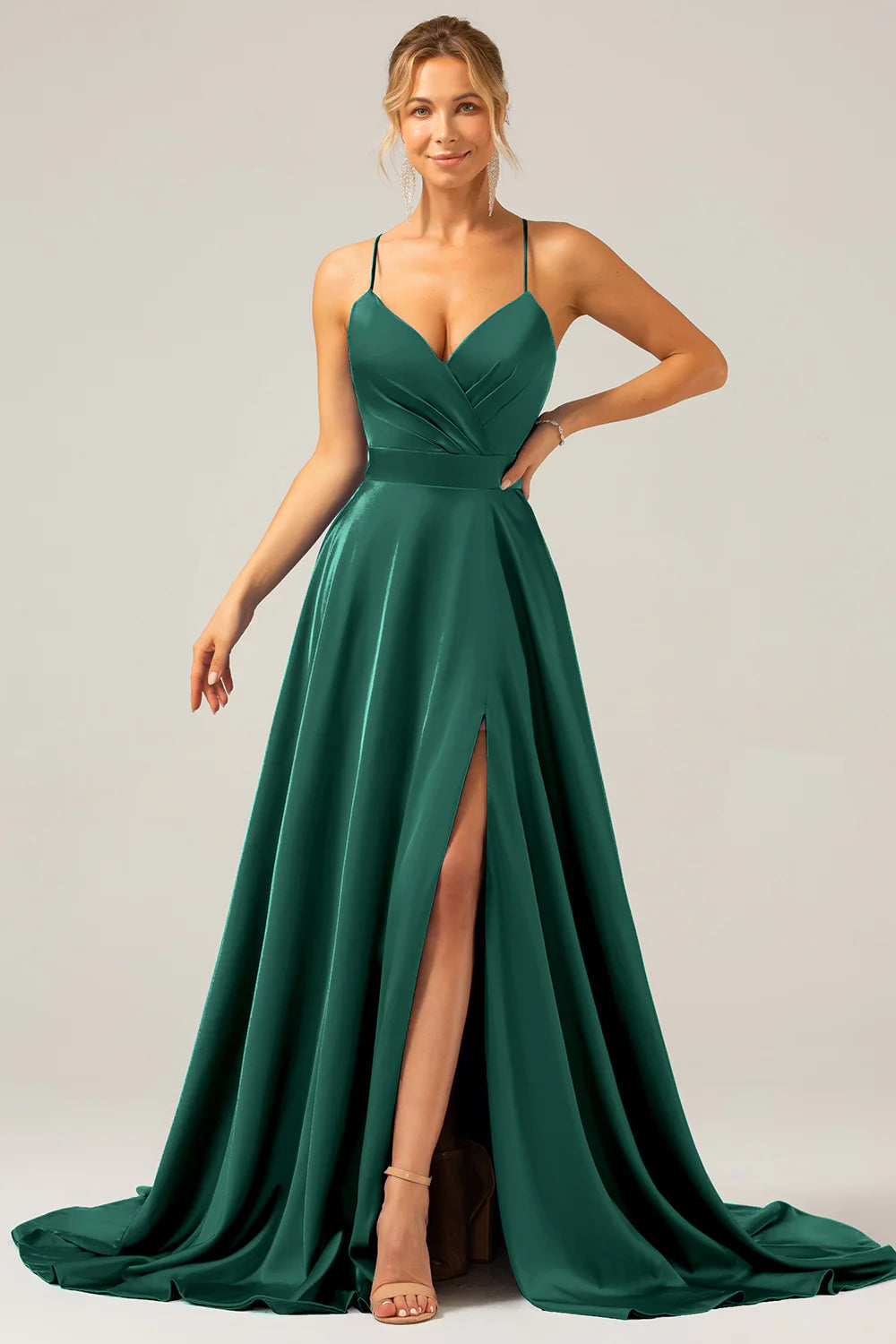 A-line V-neck pleated satin bridesmaid dress with slit