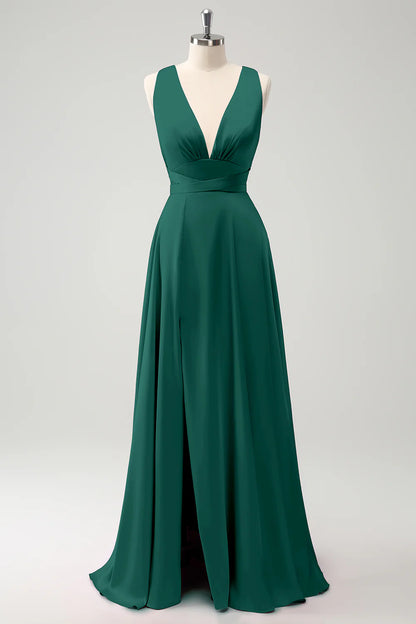 A-line deep V-neck backless strap long bridal dress