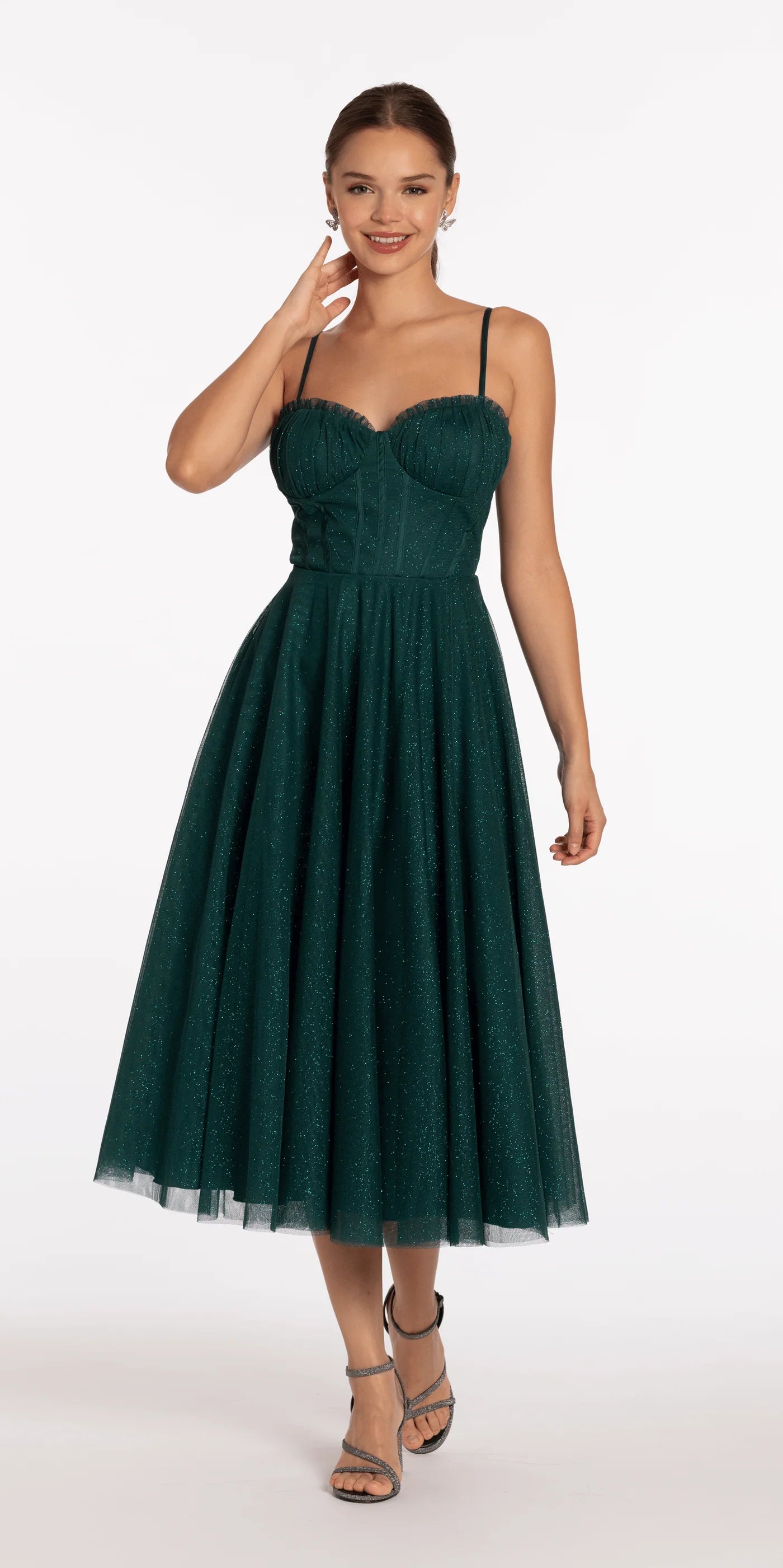 Dark Green Glitter Tulle Corset Lace-Up Midi Evening Dresses