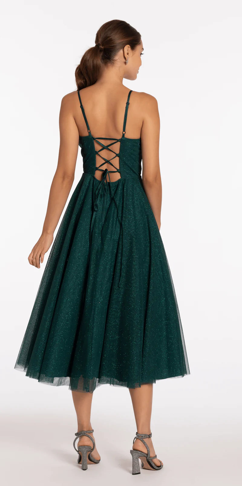 Dark Green Glitter Tulle Corset Lace-Up Midi Evening Dresses