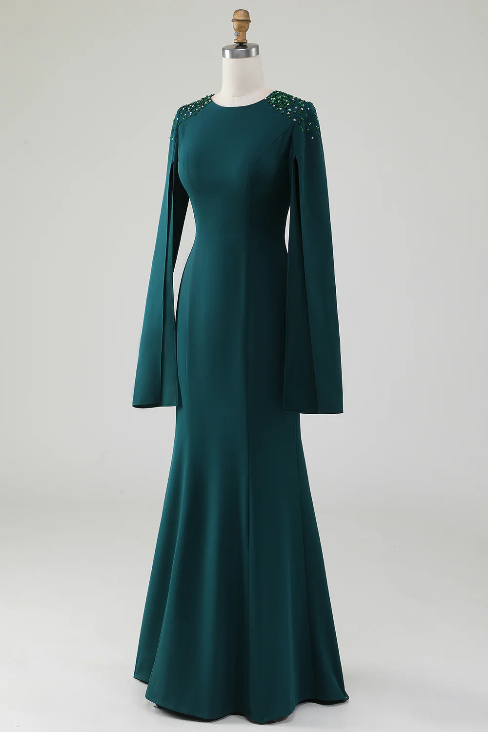 Dark Green Mermaid Round Neck Mother Of Bride Dress With Beaded Cape Sleeves