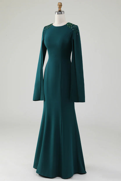 Dark Green Mermaid Round Neck Mother Of Bride Dress With Beaded Cape Sleeves