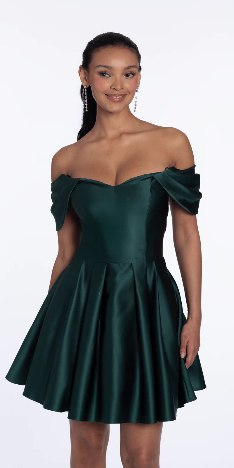 Dark Green Satin Off The Shoulder Sweetheart A-Line Mini Dress Homecoming Dresses