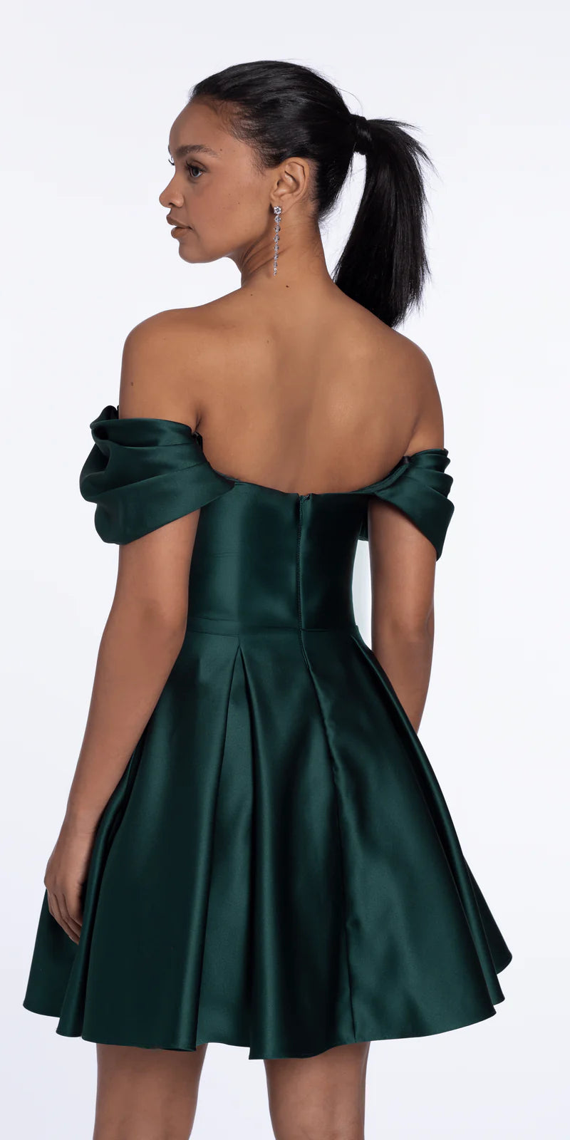 Dark Green Satin Off The Shoulder Sweetheart A-Line Mini Dress Homecoming Dresses