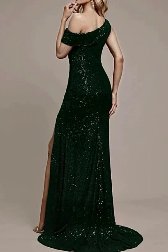 Dark Green Sequin One-Shoulder Mermaid Prom Dress with High Slit