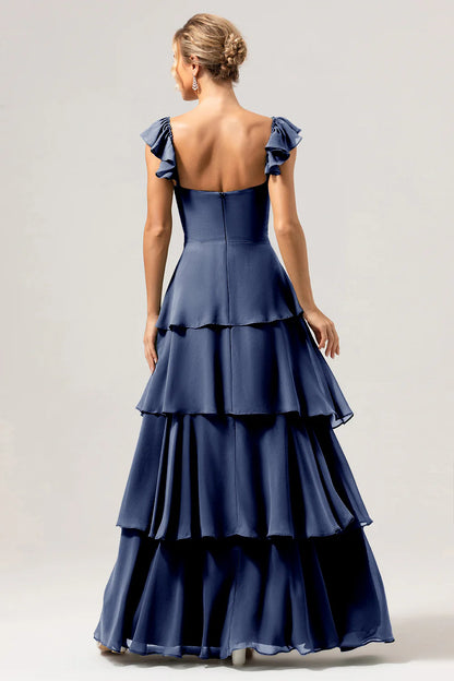 Eucalyptus A Line Off The Shoulder Tiered Long Bridesmaid Dress