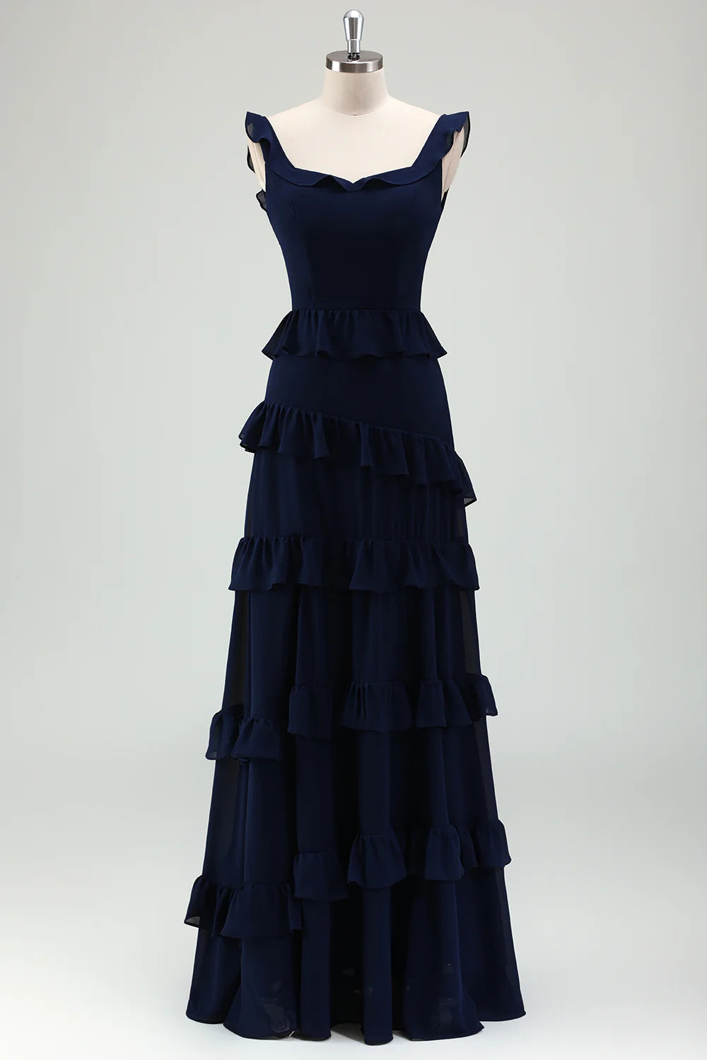 Dark Navy A Line Backless Floor Length Tiered Ruffle  Dress