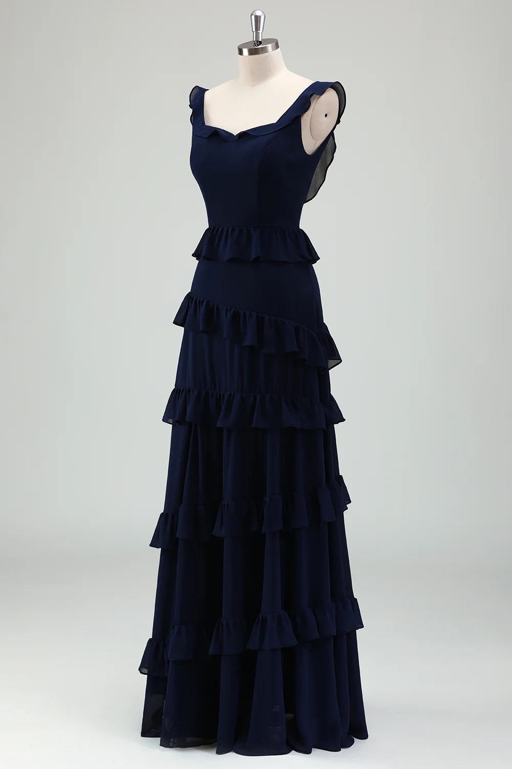 Dark Navy A Line Backless Floor Length Tiered Ruffle  Dress