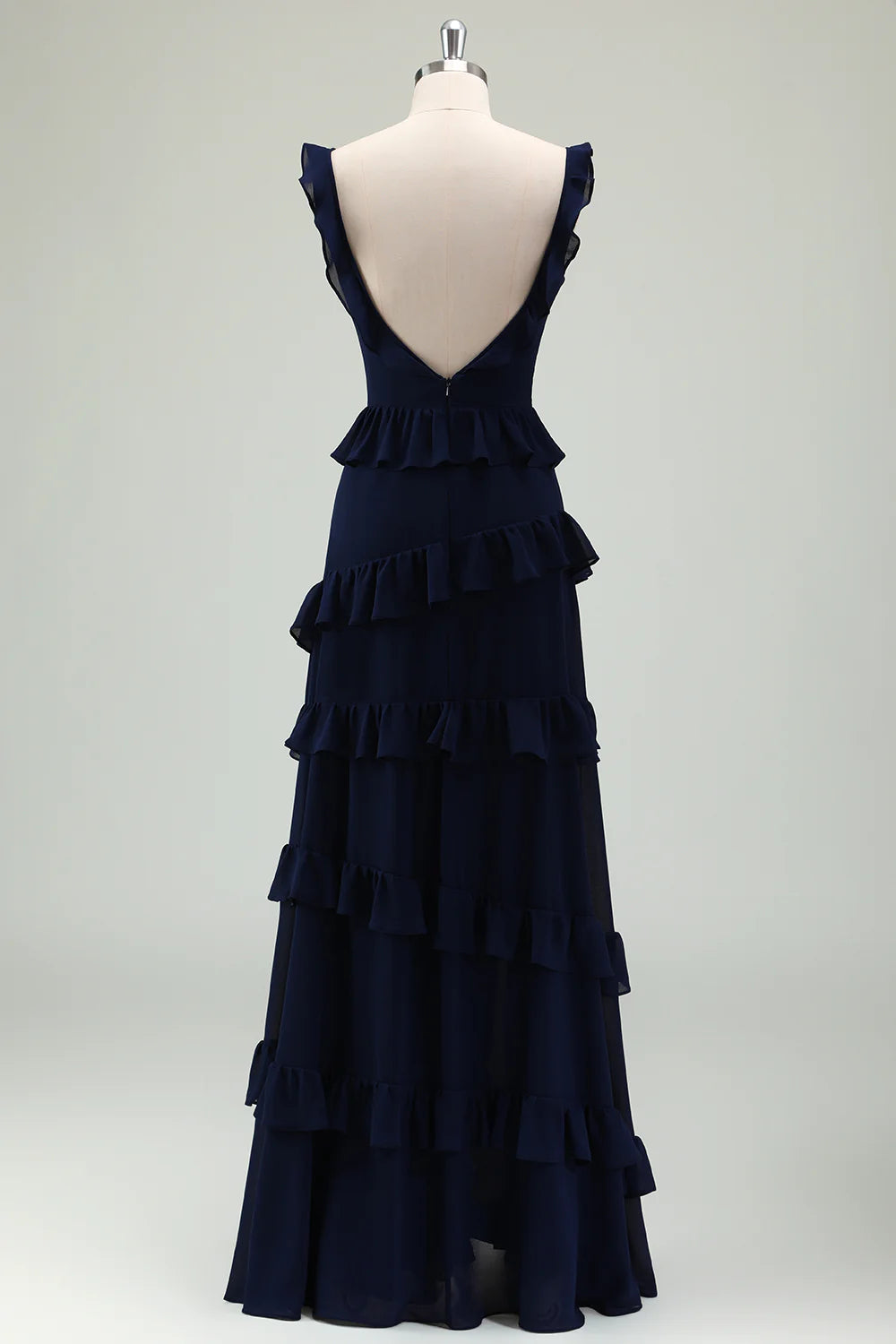 Dark Navy A Line Backless Floor Length Tiered Ruffle  Dress