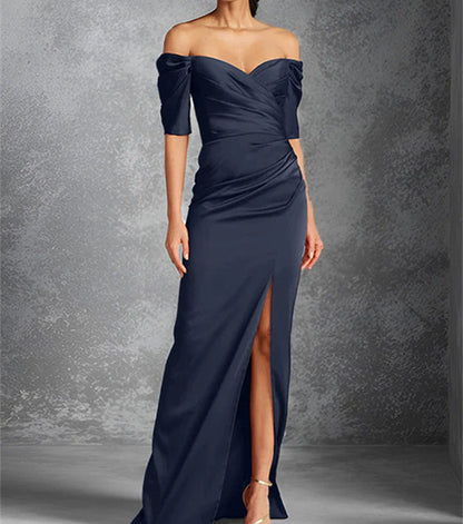 Tight off shoulder short sleeved floor standing bridal dress with front slit