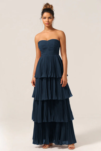 A-Line Sweetheart Floor Length Tiered Chiffon Bridesmaid Dress