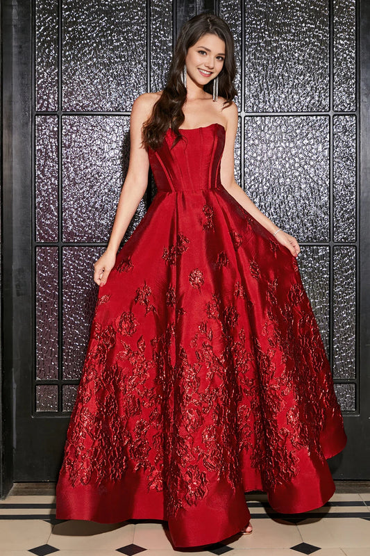 Dark Red A-Line Strapless Elegant Princess Long Prom Dress with 3D Flowers