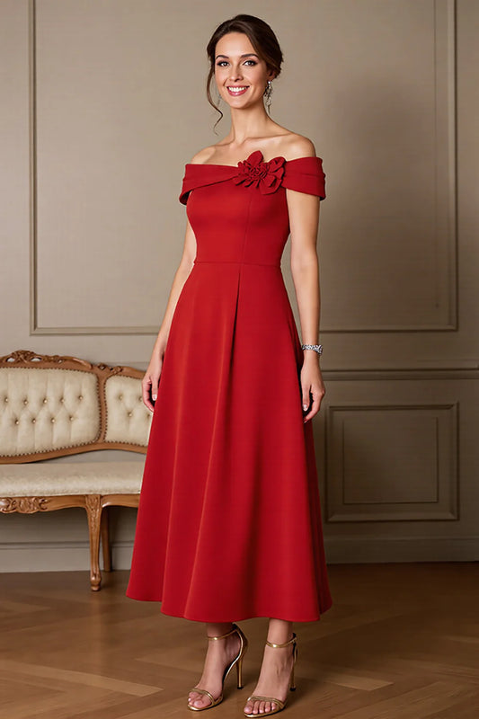 Dark Red A Line Off The Shoulder Long Mother Of The Bride Dress With 3D Flowers