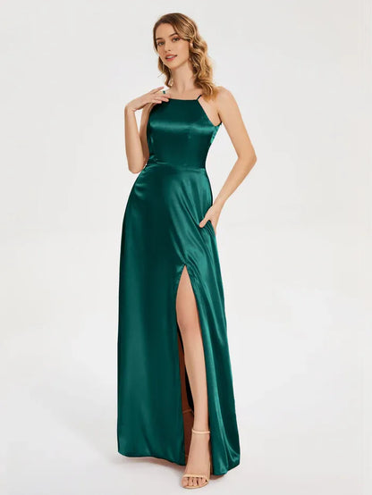 Dark_Green Sexy Backless Slit Soft Satin Prom Dress with Spaghetti Straps Square Neckline and High Side Slit