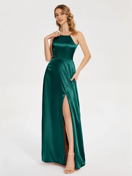 Dark_Green Sexy Backless Slit Soft Satin Prom Dress with Spaghetti Straps Square Neckline and High Side Slit