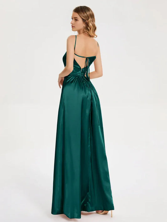 Dark_Green Sexy Backless Slit Soft Satin Prom Dress with Spaghetti Straps Square Neckline and High Side Slit