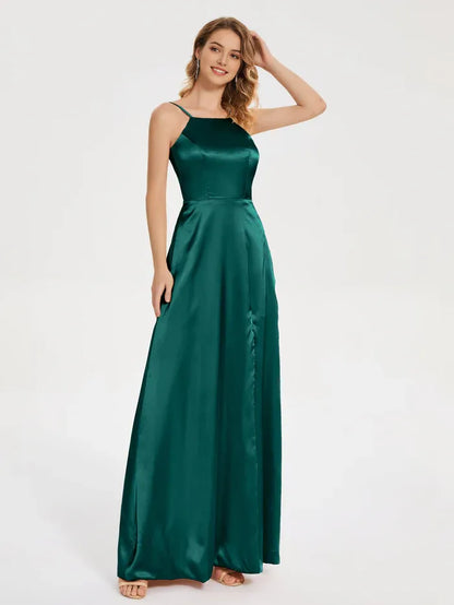 Dark_Green Sexy Backless Slit Soft Satin Prom Dress with Spaghetti Straps Square Neckline and High Side Slit