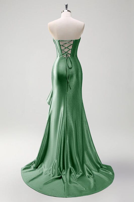 Sparkly Mermaid Strapless Corset Sequin Long Prom Dress with Ruffle Slit
