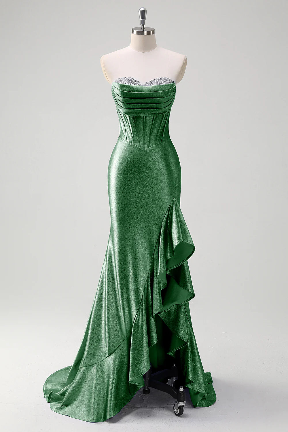 Sparkly Mermaid Strapless Corset Sequin Long Prom Dress with Ruffle Slit