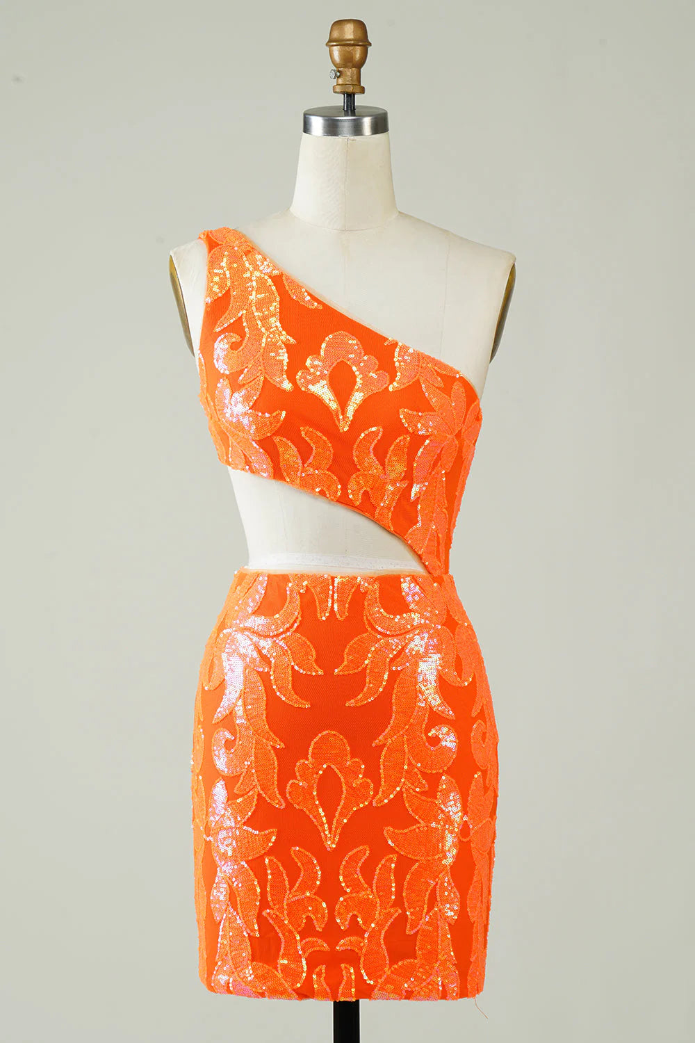 Orange one-shoulder glitter homecoming dress with hollow-out detail.