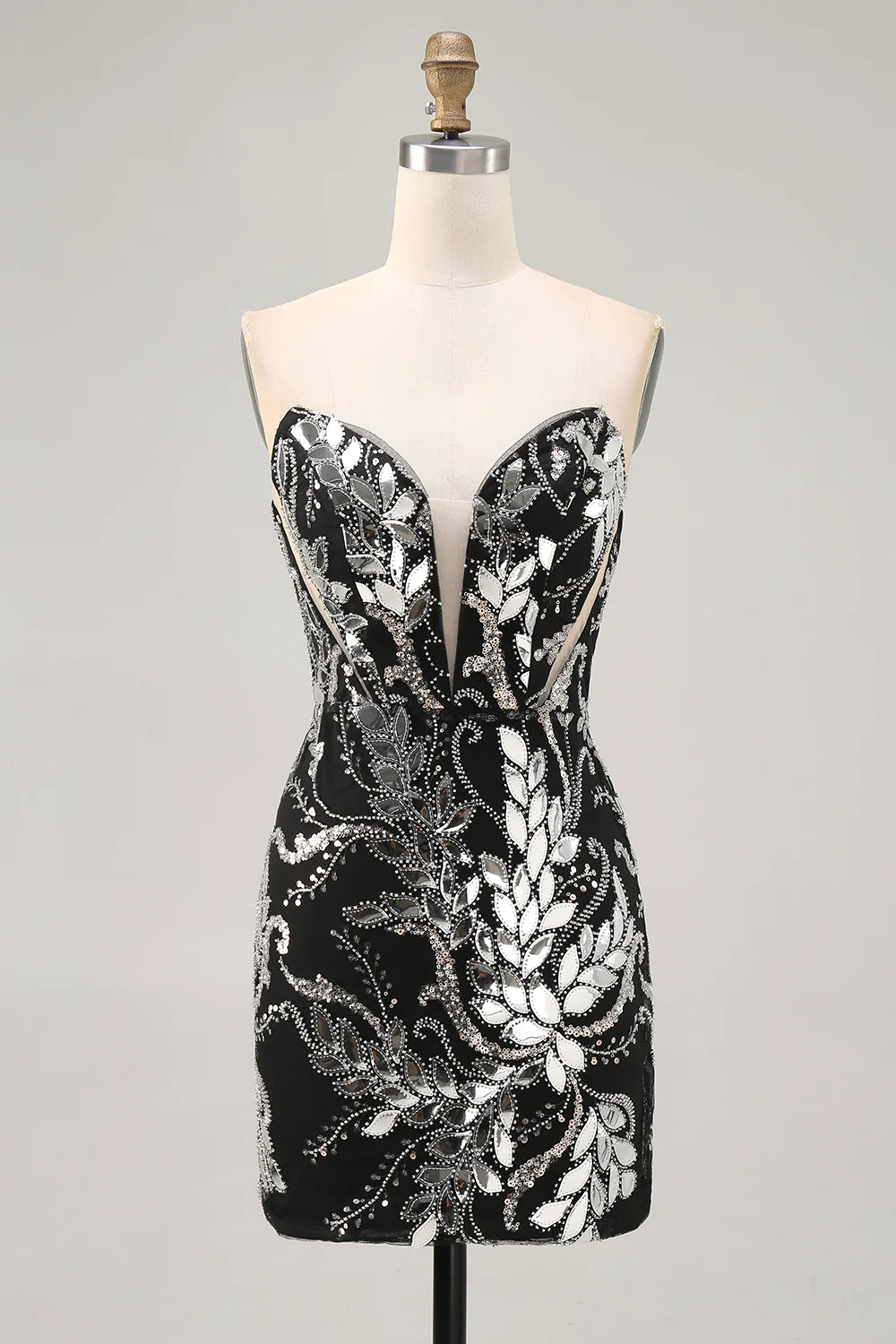 Sparkly black strapless beaded short homecoming dress.