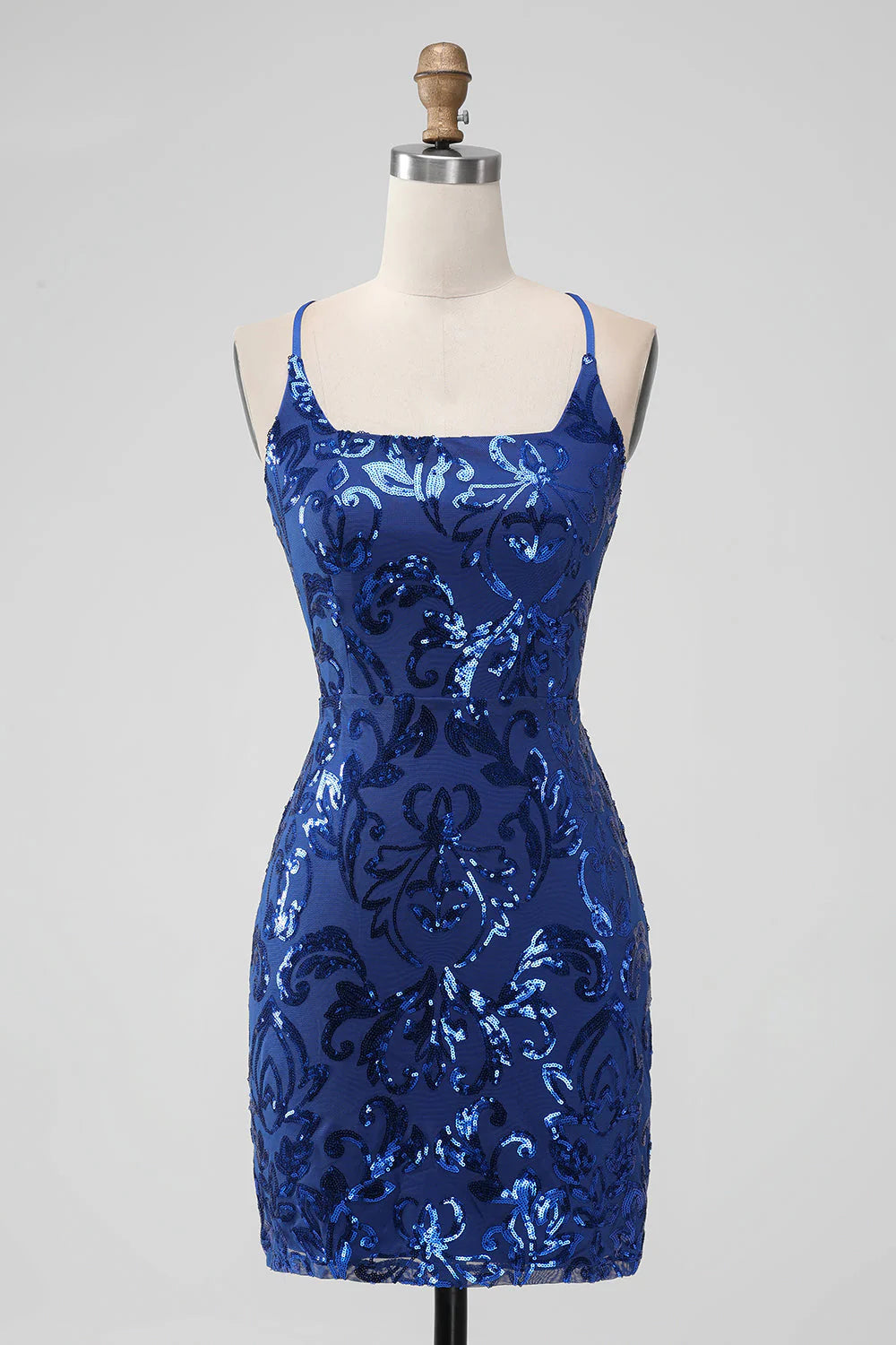 Front view of a Royal Blue Bodycon Sequins Short Homecoming Dress with a lace-up back.
