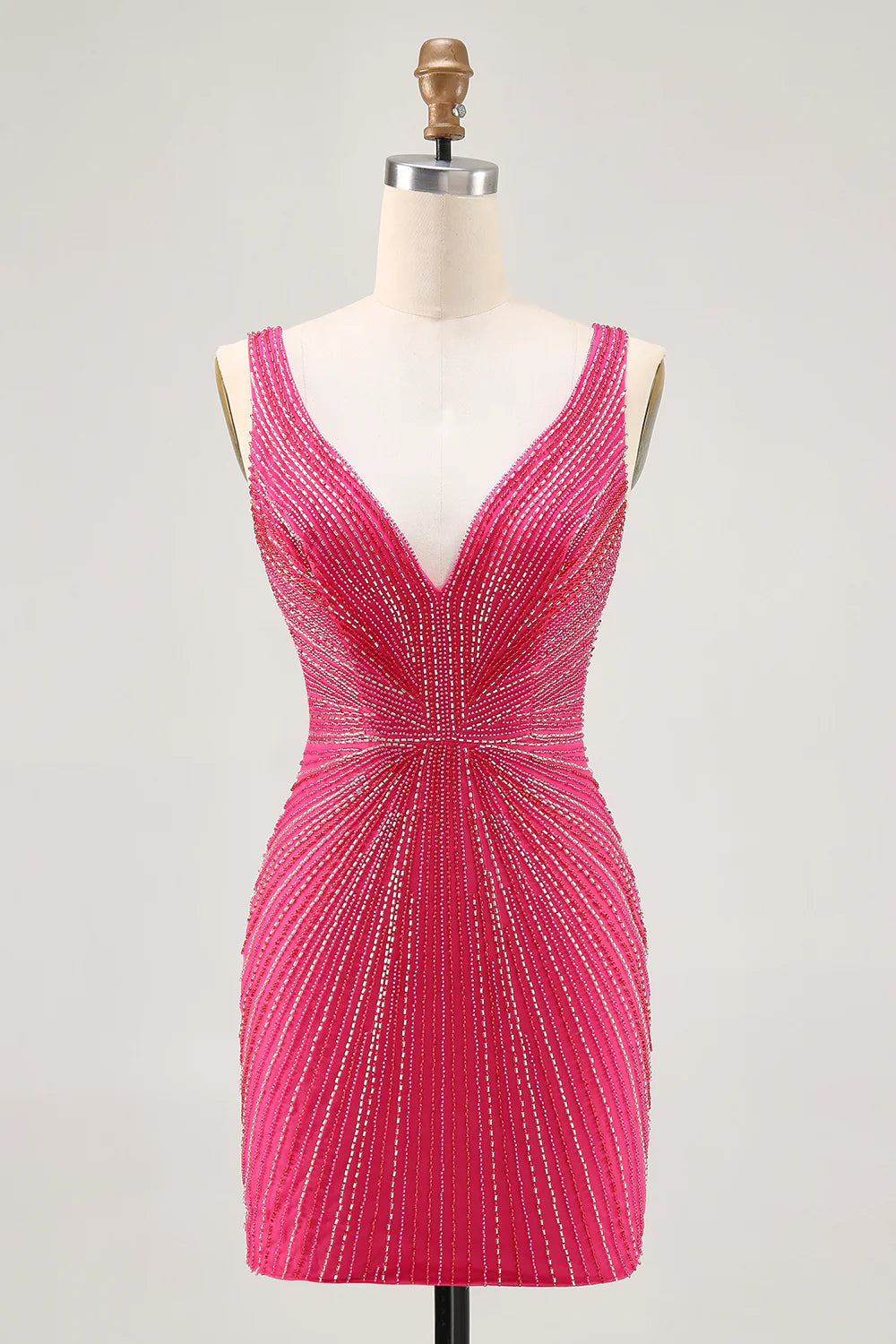 Fuchsia bodycon V-neck backless short homecoming dress with beading, front view.