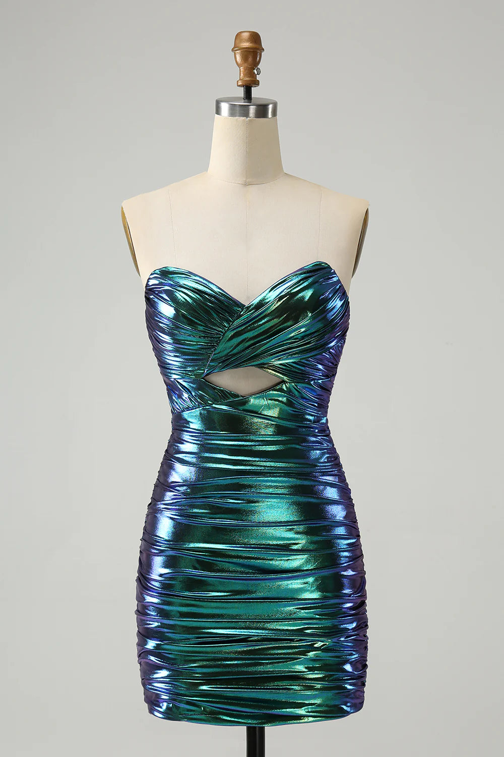 Teal blue strapless metallic homecoming dress with keyhole detail.