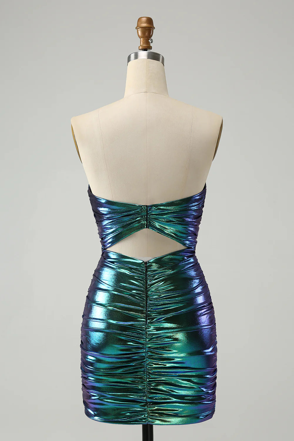 Back view of teal blue strapless pleated metallic dress.