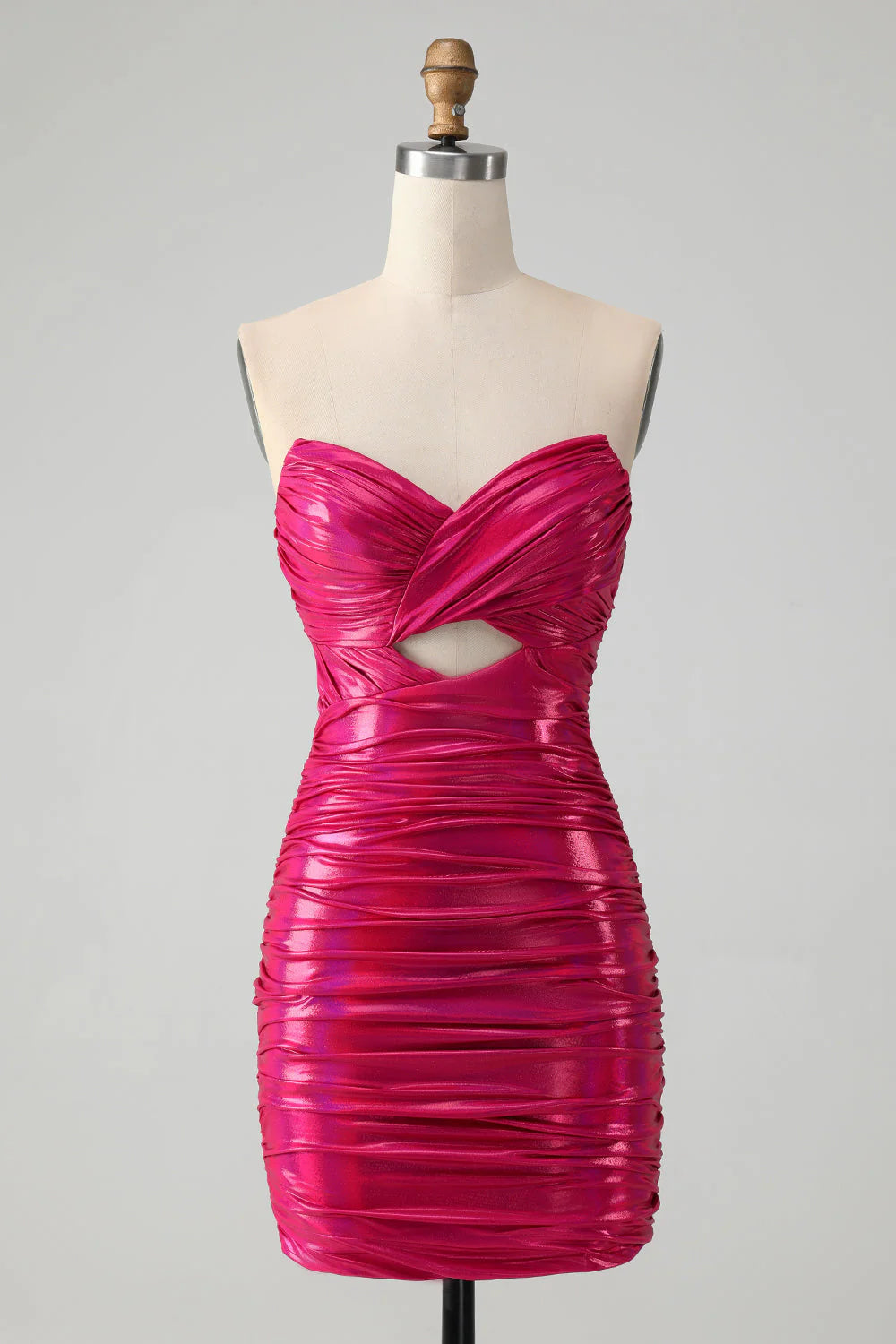 Fuchsia strapless metallic homecoming dress with keyhole detail.