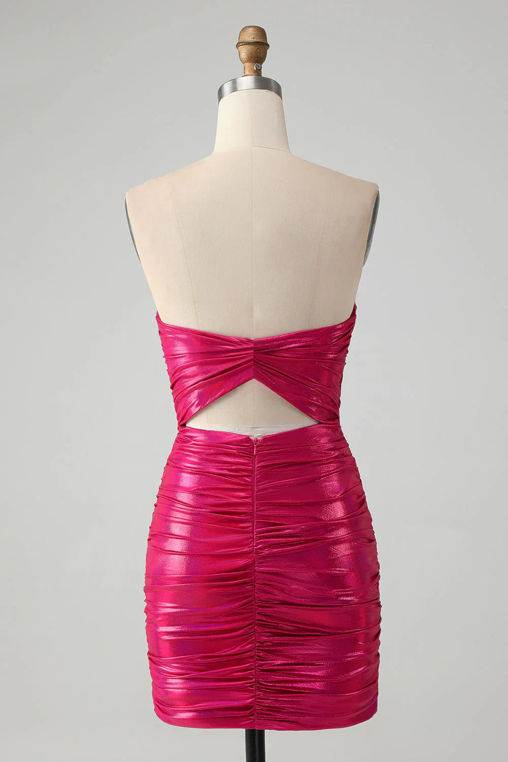 Back view of fuchsia strapless pleated metallic dress.