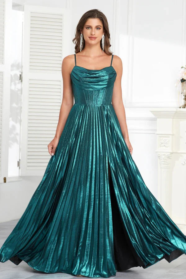 Dazzling A-Line Cowl-Neck Spaghetti-Strap Lace-Up-Back Floor-Length Prom Dresses