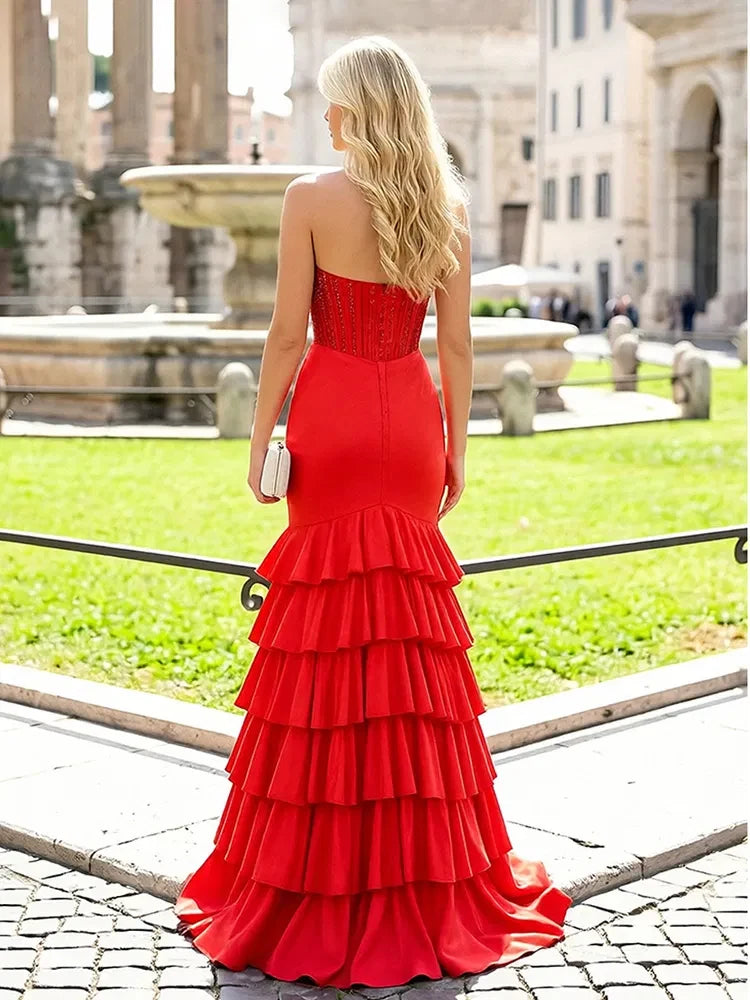 Dazzling Mermaid Strapless Sleeveless Beaded Ruffled Red Floor-Length Prom Dresses Women's Gown