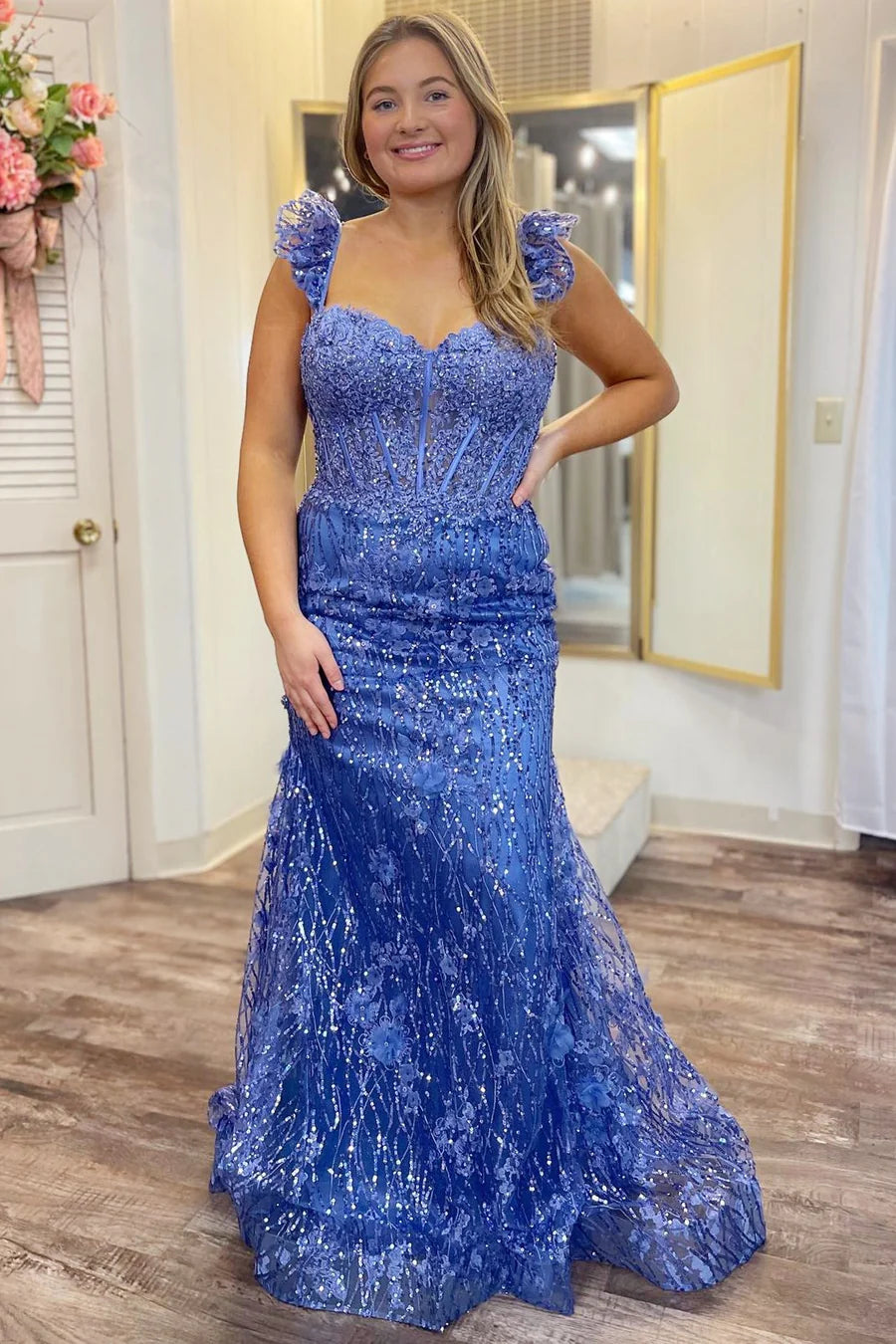 Decal Sweetheart Elegant Sleeves Mermaid Long Ball Dress